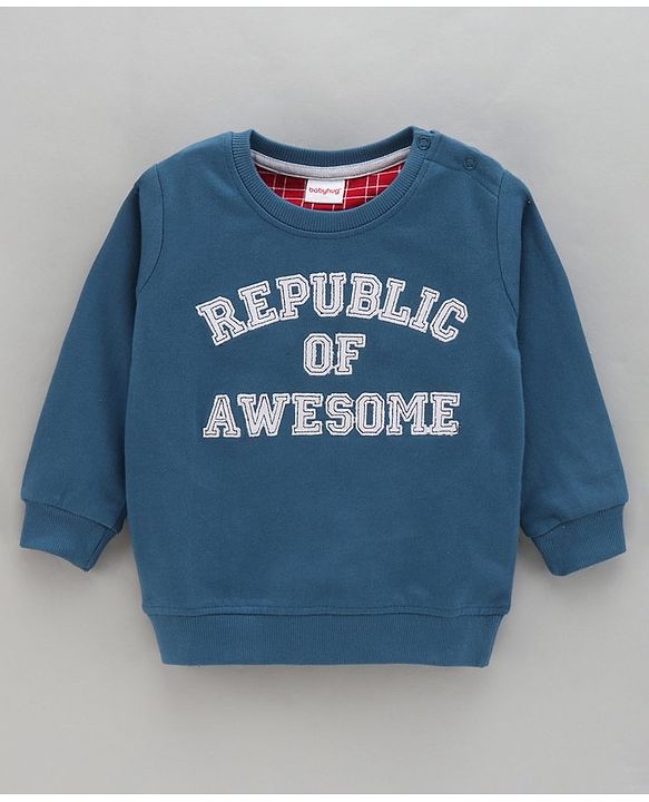 Babyhug Full Sleeves Cotton Knit Sweatshirt With Text Embroidery- Blue