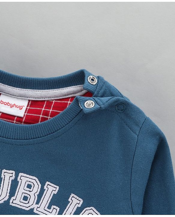 Babyhug Full Sleeves Cotton Knit Sweatshirt With Text Embroidery- Blue