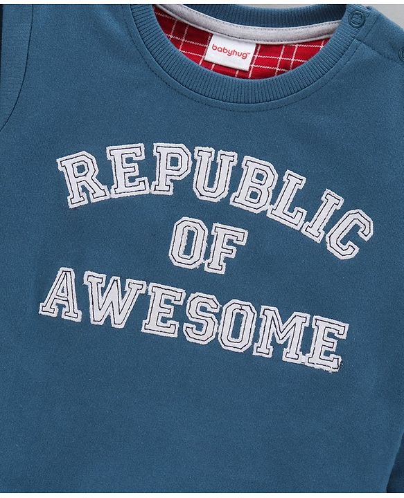 Babyhug Full Sleeves Cotton Knit Sweatshirt With Text Embroidery- Blue