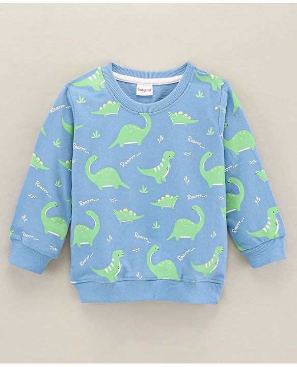Babyhug Full Sleeves Cotton Blend Knit Sweatshirt With Dino Print - Blue
