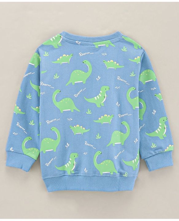 Babyhug Full Sleeves Cotton Blend Knit Sweatshirt With Dino Print - Blue
