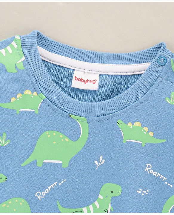 Babyhug Full Sleeves Cotton Blend Knit Sweatshirt With Dino Print - Blue