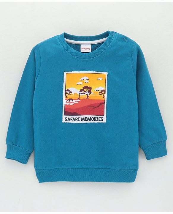 Babyhug Cotton Blend Full Sleeves Safari Printed Applique Sweatshirt -Blue