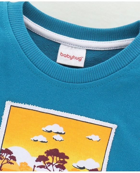 Babyhug Cotton Blend Full Sleeves Safari Printed Applique Sweatshirt -Blue