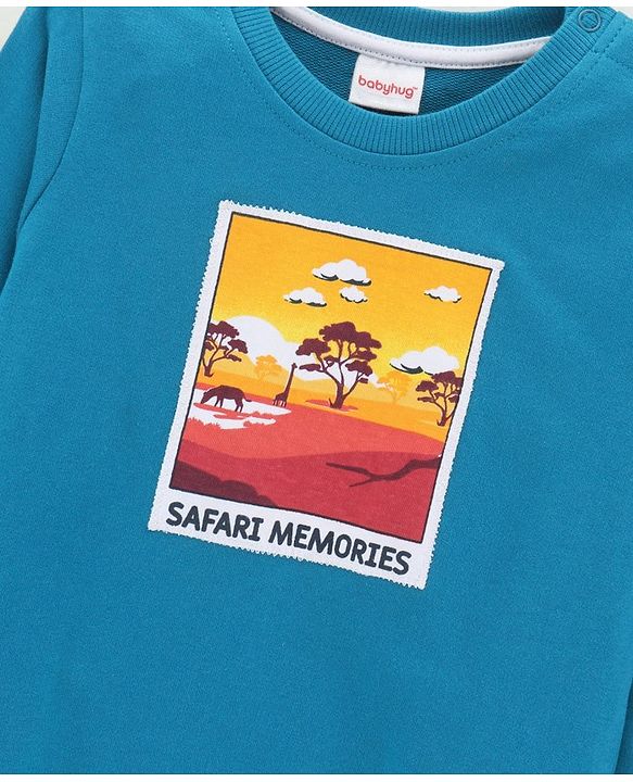 Babyhug Cotton Blend Full Sleeves Safari Printed Applique Sweatshirt -Blue