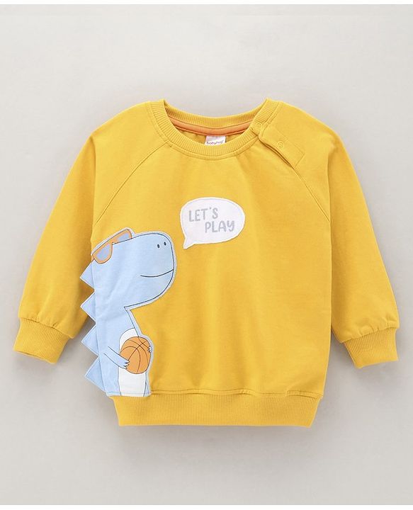 Babyhug Full Raglan Sleeves Sweatshirts With 3D Dinosaur Applique - Yellow