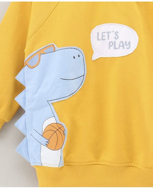 Babyhug Full Raglan Sleeves Sweatshirts With 3D Dinosaur Applique - Yellow
