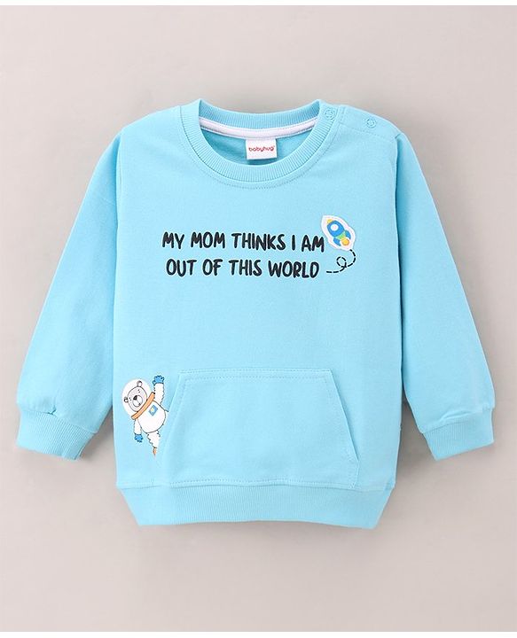Babyhug Full Sleeves Knit Sweatshirt WIth Kangaroo Pocket & Text Print - Blue
