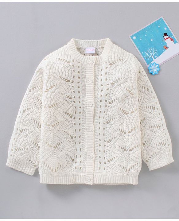 Babyhug Full Sleeves Cable Knit Solid Sweater  - White