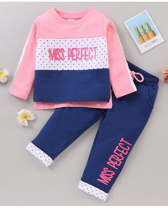 Babyhug Full Sleeves Top & Lounge Pant Miss Perfect Print - Pink Blue