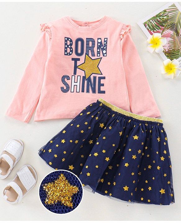 Babyhug Cotton Knit Full Sleeves Top & Skirt Set All Over Text & Star Print - Pink Navy