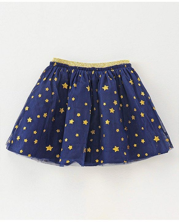 Babyhug Cotton Knit Full Sleeves Top & Skirt Set All Over Text & Star Print - Pink Navy