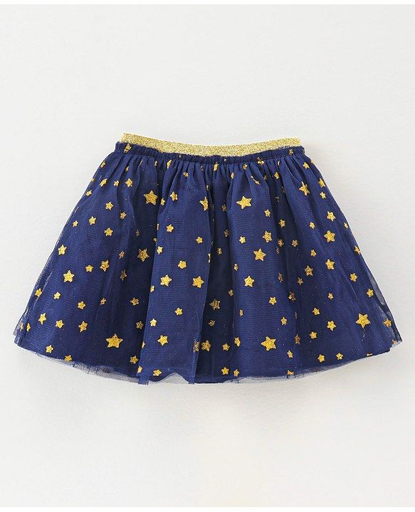 Babyhug Cotton Knit Full Sleeves Top & Skirt Set All Over Text & Star Print - Pink Navy