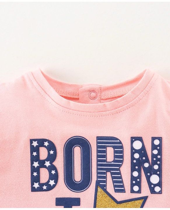 Babyhug Cotton Knit Full Sleeves Top & Skirt Set All Over Text & Star Print - Pink Navy