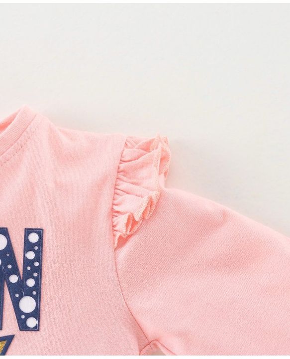 Babyhug Cotton Knit Full Sleeves Top & Skirt Set All Over Text & Star Print - Pink Navy