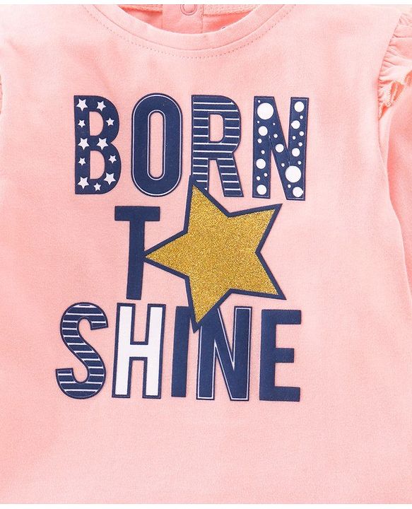 Babyhug Cotton Knit Full Sleeves Top & Skirt Set All Over Text & Star Print - Pink Navy