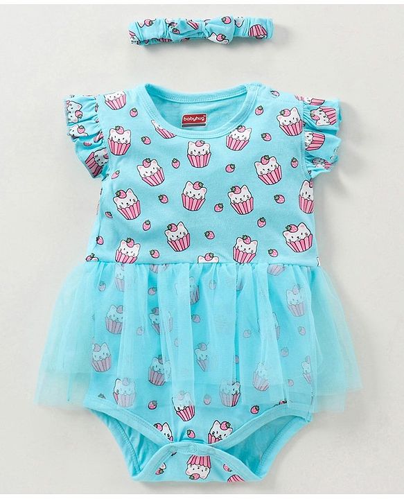 Babyhug Cotton Knit Short Sleeves Ice Cream Printed Onesies With Hairband - Blue