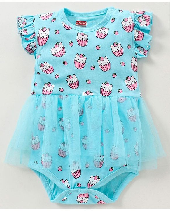 Babyhug Cotton Knit Short Sleeves Ice Cream Printed Onesies With Hairband - Blue