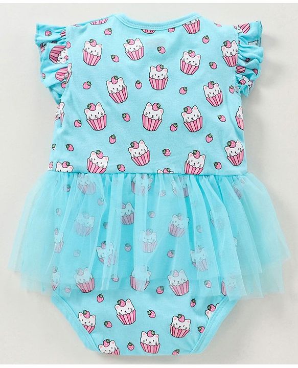 Babyhug Cotton Knit Short Sleeves Ice Cream Printed Onesies With Hairband - Blue