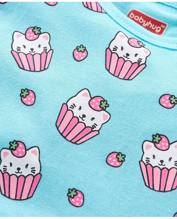 Babyhug Cotton Knit Short Sleeves Ice Cream Printed Onesies With Hairband - Blue