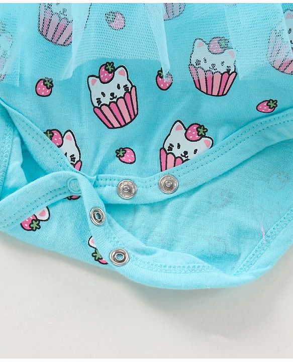 Babyhug Cotton Knit Short Sleeves Ice Cream Printed Onesies With Hairband - Blue