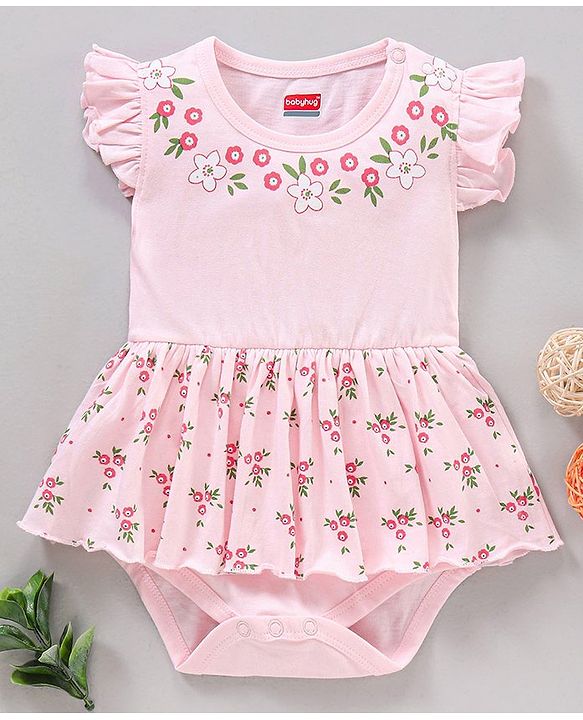 Babyhug Cap Sleeves 100% Cotton Onsies Floral Print - Pink