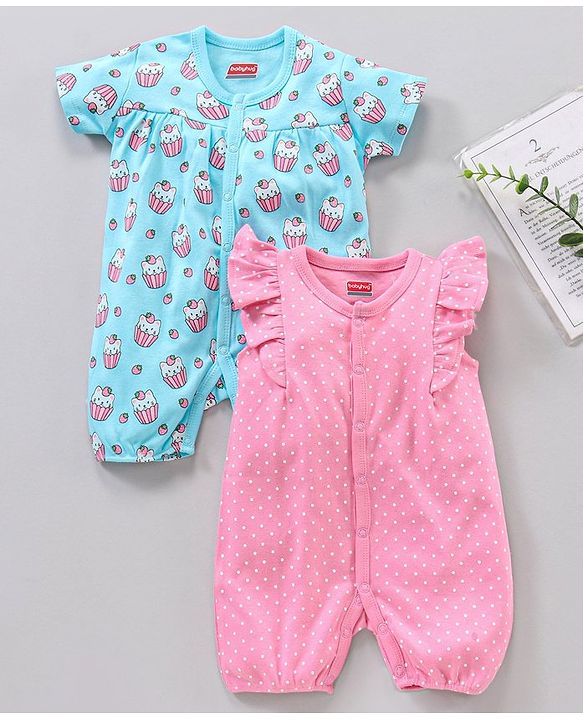 Babyhug 100% Cotton Half Sleeve Romper Kittens and Spot Print Pack of 2 - Pink and Blue