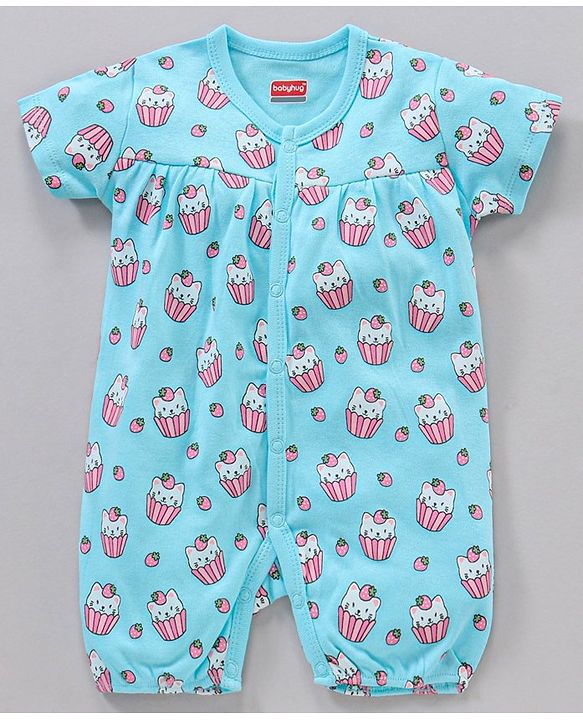 Babyhug 100% Cotton Half Sleeve Romper Kittens and Spot Print Pack of 2 - Pink and Blue