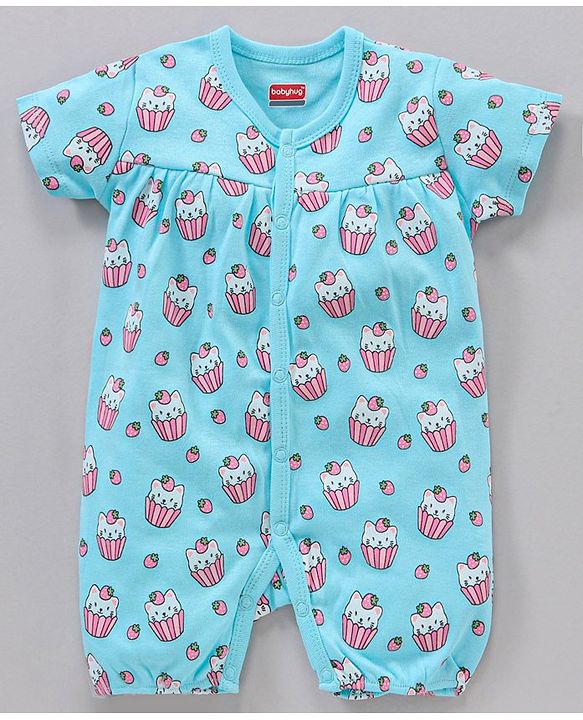 Babyhug 100% Cotton Half Sleeve Romper Kittens and Spot Print Pack of 2 - Pink and Blue
