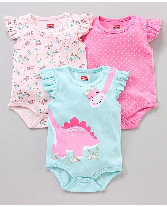 Babyhug 100% Cotton Frill Sleeves Onesie Multi Print Pack of 3 - Multicolour
