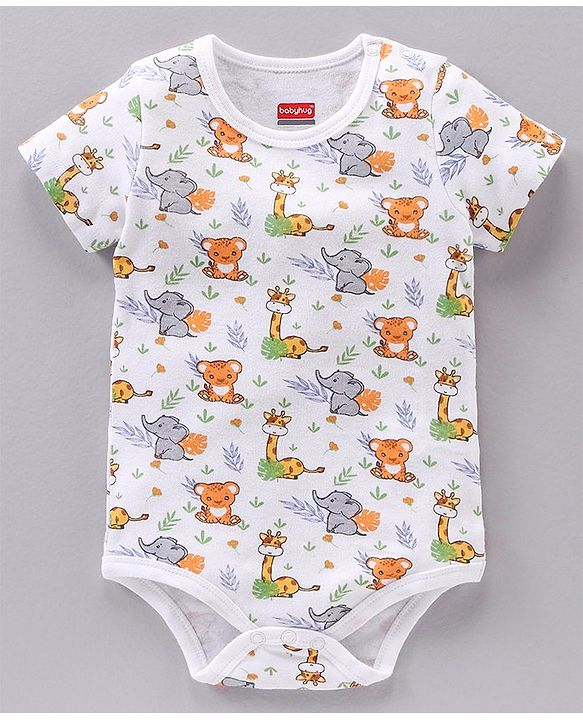 Babyhug 100% Cotton Half Sleeves Striped and Animal Printed Onesies Pack of 3 - Multicolour