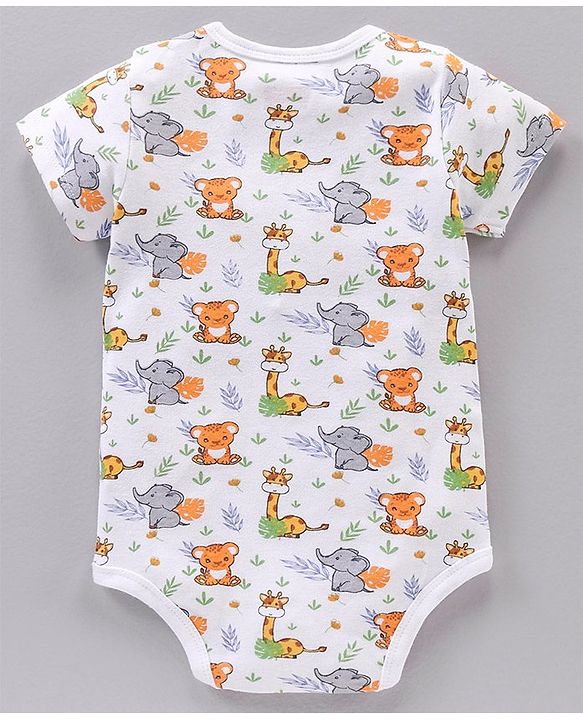 Babyhug 100% Cotton Half Sleeves Striped and Animal Printed Onesies Pack of 3 - Multicolour