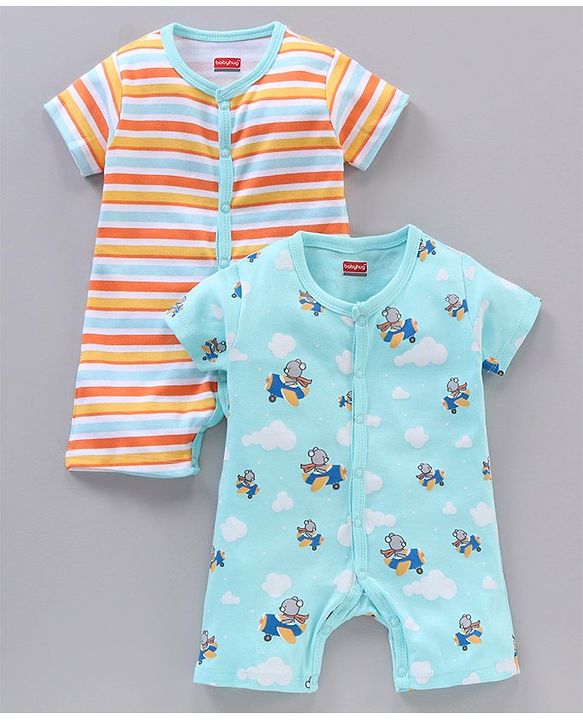 Babyhug 100% Cotton Half Sleeves Striped Rompers Pack Of 2 - Multicolor