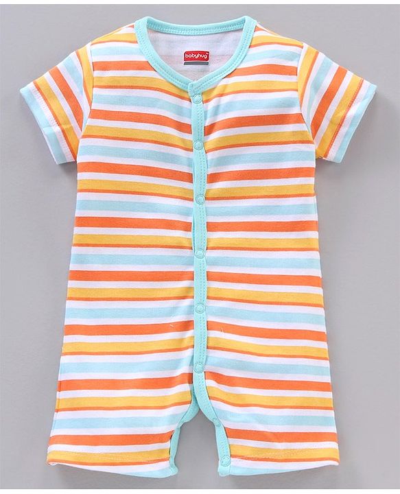 Babyhug 100% Cotton Half Sleeves Striped Rompers Pack Of 2 - Multicolor