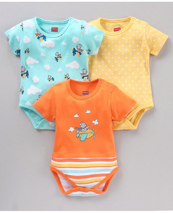 Babyhug 100% Cotton Half Sleeve Onesies Airplane Print Pack of 3 - Multicolor