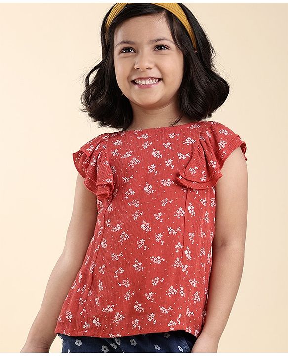 Babyhug Frill Sleeves Rayon Crinkle-Crepe Top With Floral Print And Ruffle Detailing- Deep Coral