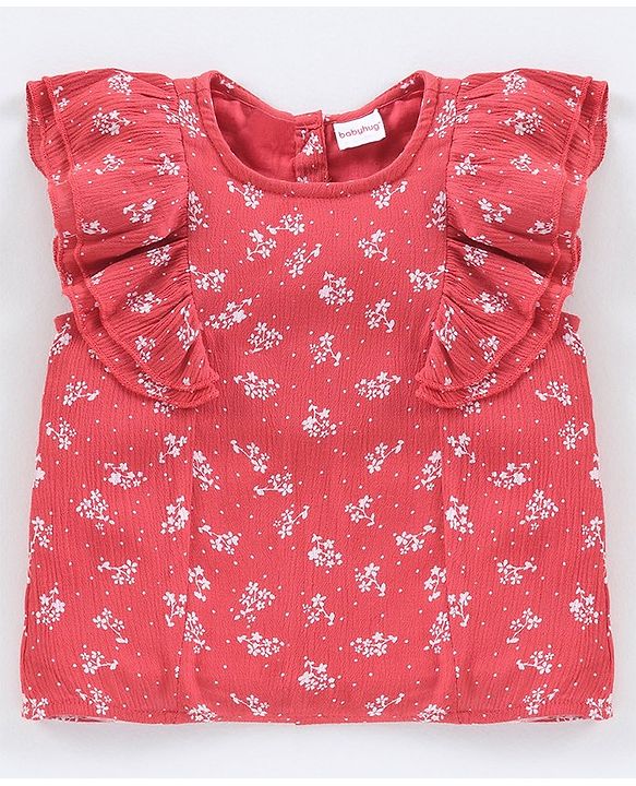 Babyhug Frill Sleeves Rayon Crinkle-Crepe Top With Floral Print And Ruffle Detailing- Deep Coral