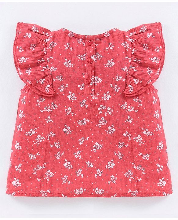 Babyhug Frill Sleeves Rayon Crinkle-Crepe Top With Floral Print And Ruffle Detailing- Deep Coral