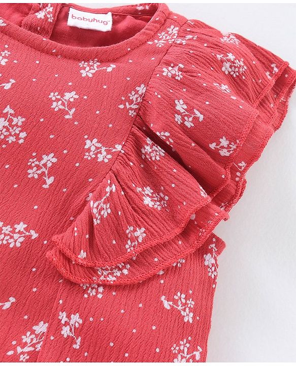 Babyhug Frill Sleeves Rayon Crinkle-Crepe Top With Floral Print And Ruffle Detailing- Deep Coral