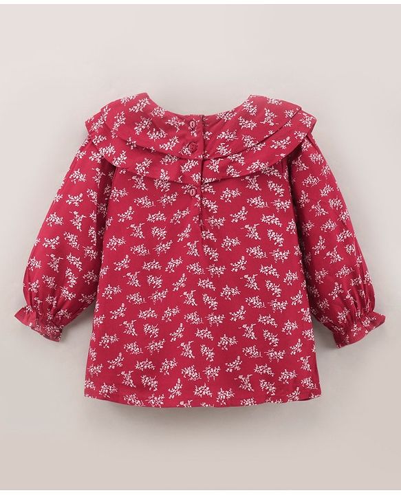 Babyhug Full Sleeves Printed Rayon Top With Frill Detailing- Red