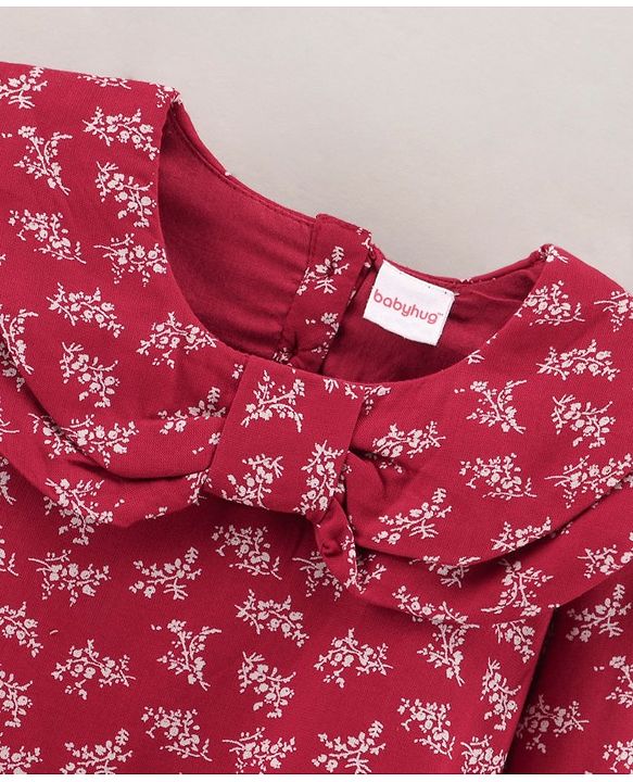 Babyhug Full Sleeves Printed Rayon Top With Frill Detailing- Red
