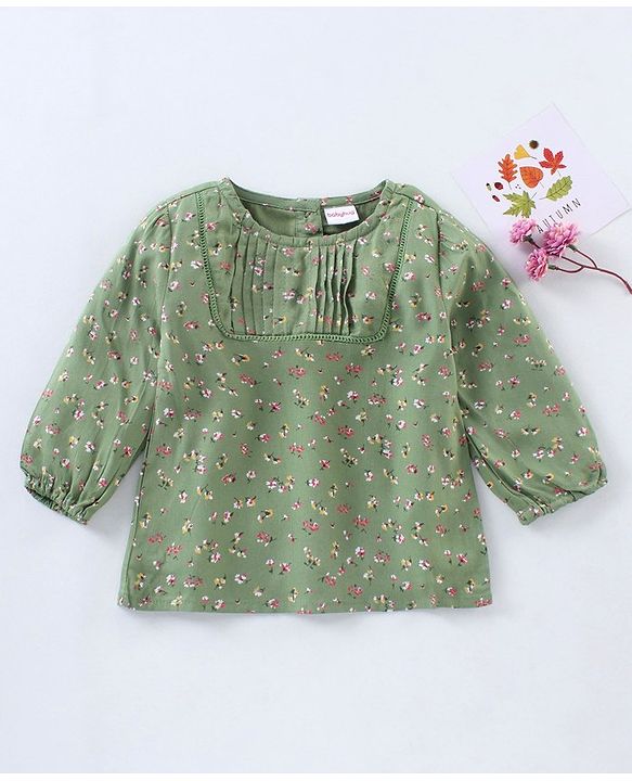 Babyhug Full Sleeves Floral Printed Rayon Top With  Pleated Yoke  And Ladder Lace Detailing- Olive Green