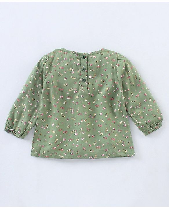 Babyhug Full Sleeves Floral Printed Rayon Top With  Pleated Yoke  And Ladder Lace Detailing- Olive Green