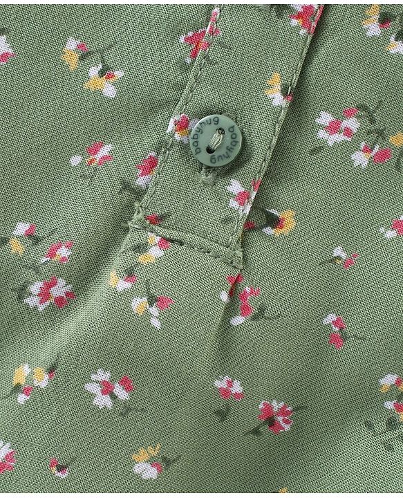 Babyhug Full Sleeves Floral Printed Rayon Top With  Pleated Yoke  And Ladder Lace Detailing- Olive Green