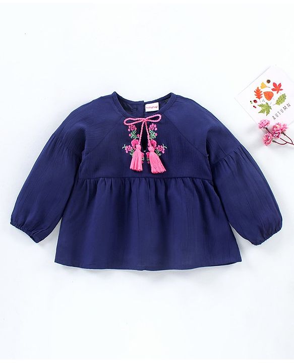 Babyhug Full Sleeves Rayon Crinkle-Crepe Top With Draw-String And Floral Embroidery- Navy Blue