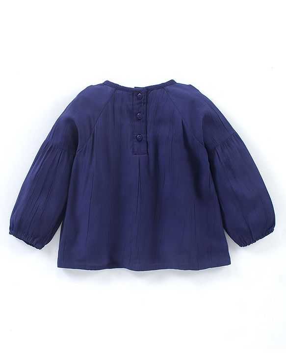 Babyhug Full Sleeves Rayon Crinkle-Crepe Top With Draw-String And Floral Embroidery- Navy Blue