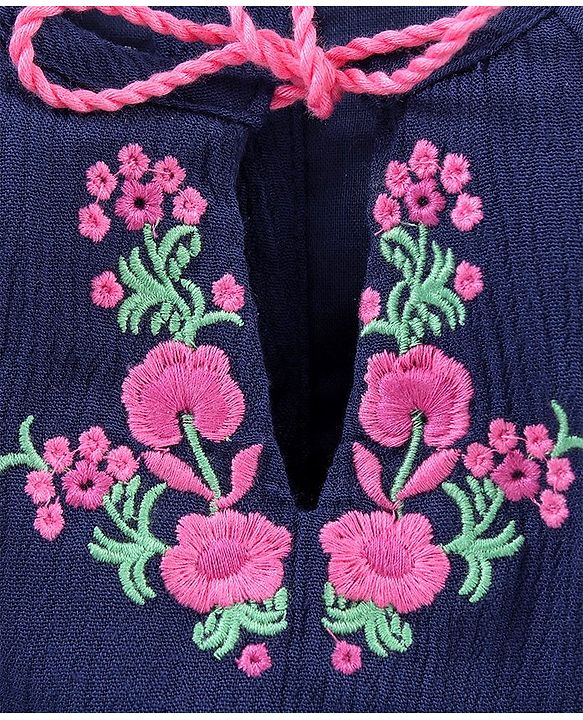 Babyhug Full Sleeves Rayon Crinkle-Crepe Top With Draw-String And Floral Embroidery- Navy Blue