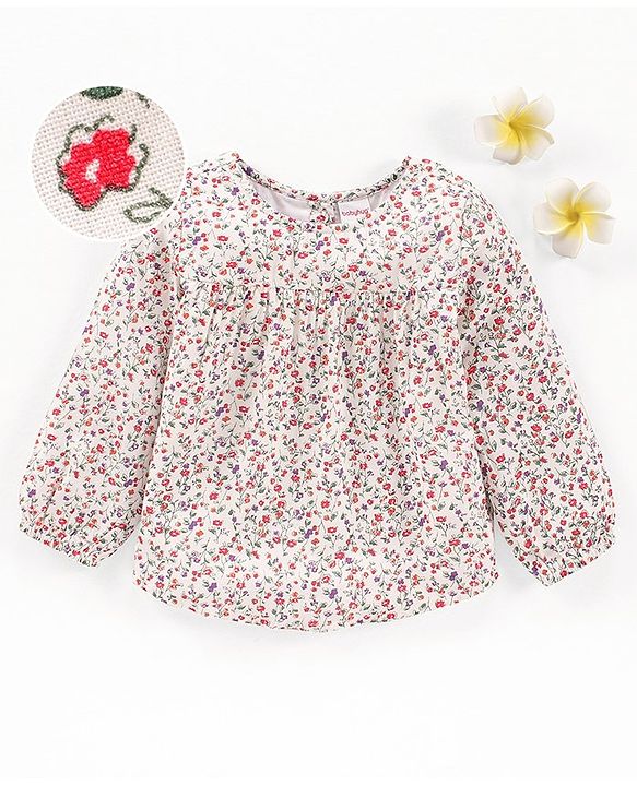 Babyhug Full Sleeves Rayon Top With Floral Print And Frill Detailing- White