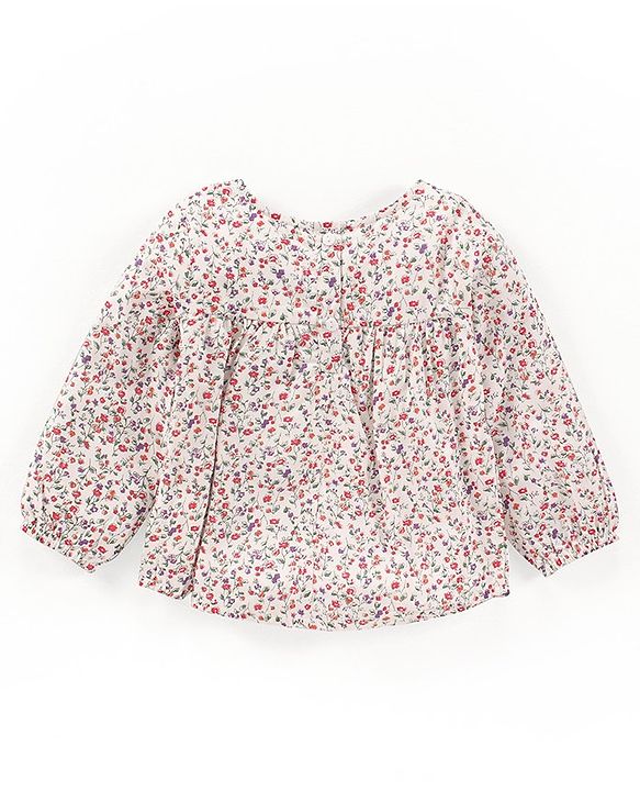 Babyhug Full Sleeves Rayon Top With Floral Print And Frill Detailing- White