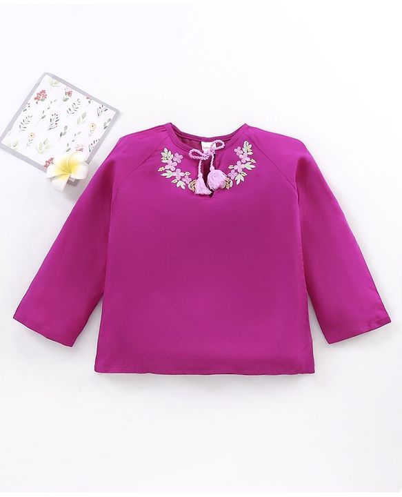 Babyhug Full Sleeves Solid Rayon Top With Draw-String And Embroidery Detailing- Purple